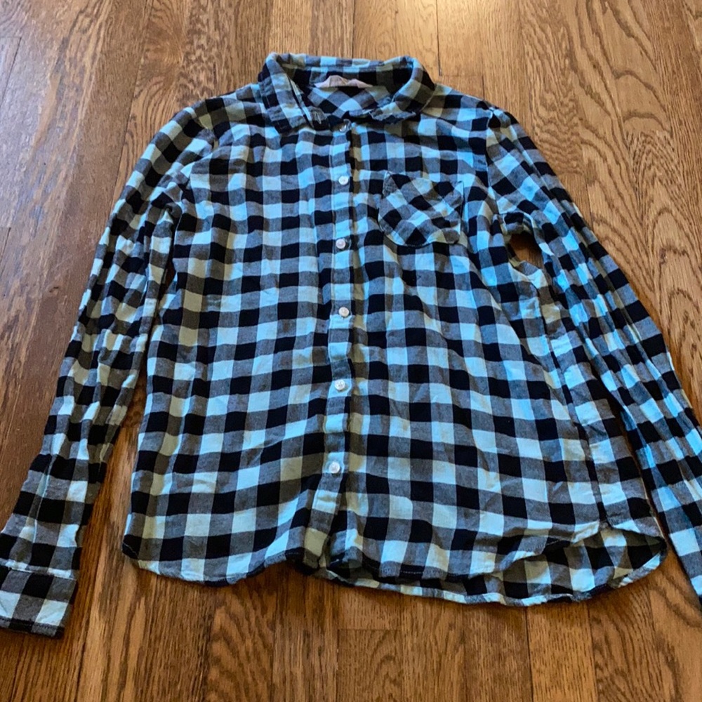 Turquoise and Black Plaid Collared Button Down